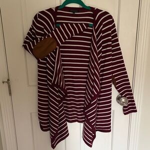 Staccato Striped Burgundy and White Cardigan with Elbow Patches